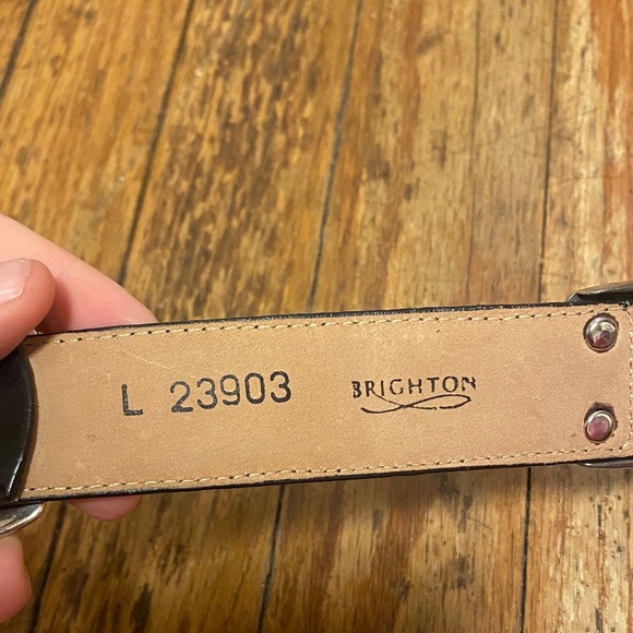 Women’s Small (says L) Brighton Brown and Black Leather Belt with Gold Buckle - Picture 2 of 3